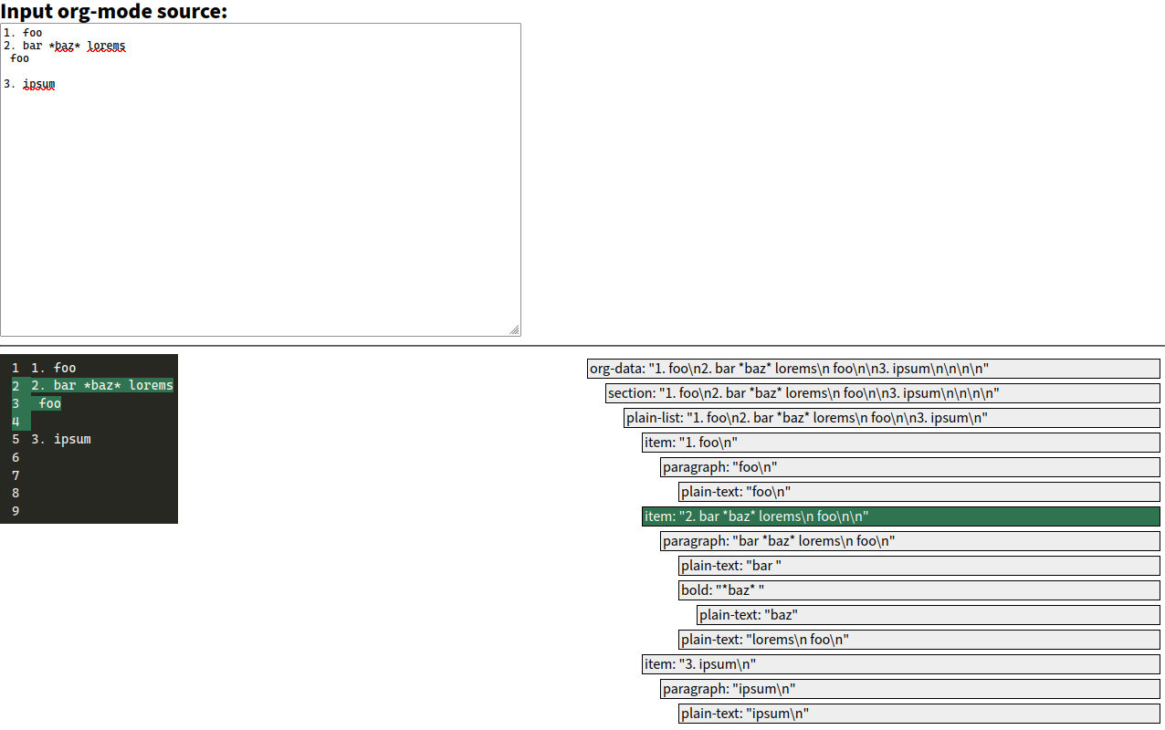 Screenshot showing the interface to the org-mode abstract syntax tree investigation tool.